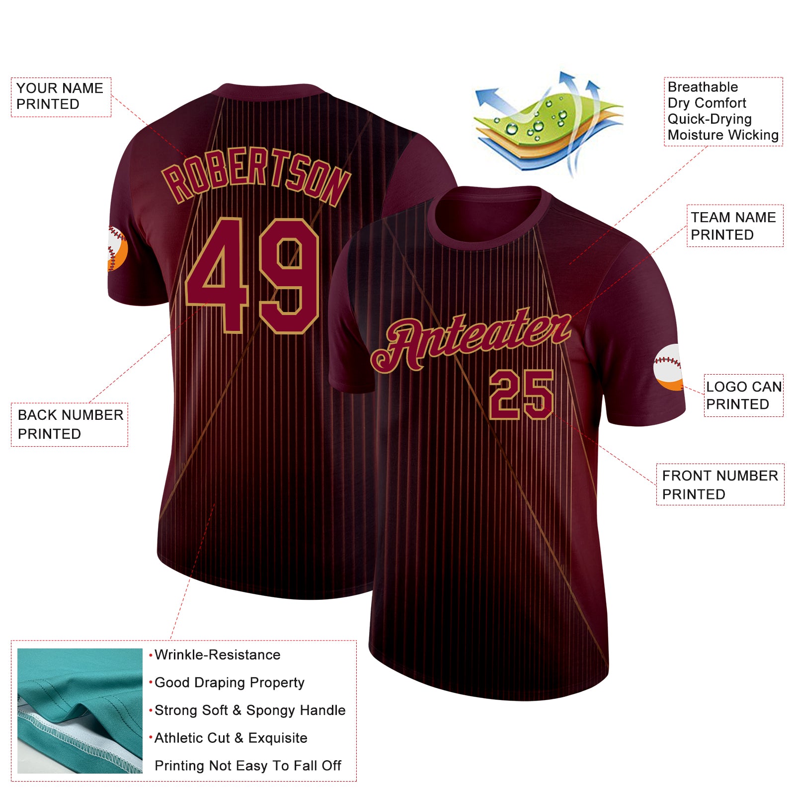 Custom Red Maroon-Old Gold 3D Pattern Design Gradient Stripe Sportswear Performance T-Shirt