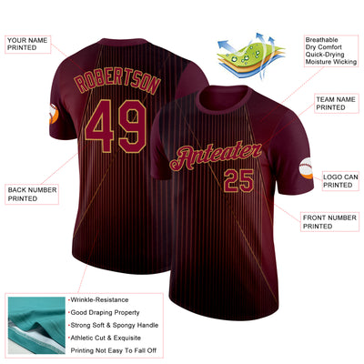 Custom Red Maroon-Old Gold 3D Pattern Design Gradient Stripe Sportswear Performance T-Shirt