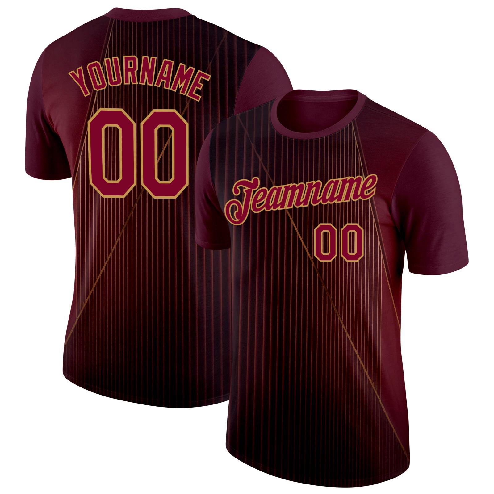 Custom Red Maroon-Old Gold 3D Pattern Design Gradient Stripe Sportswear Performance T-Shirt