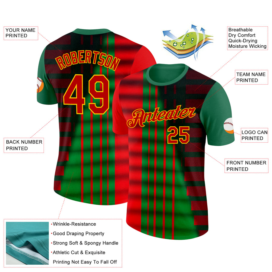 Custom Green Red-Yellow 3D Pattern Design Mexico Stripe Sportswear Performance T-Shirt