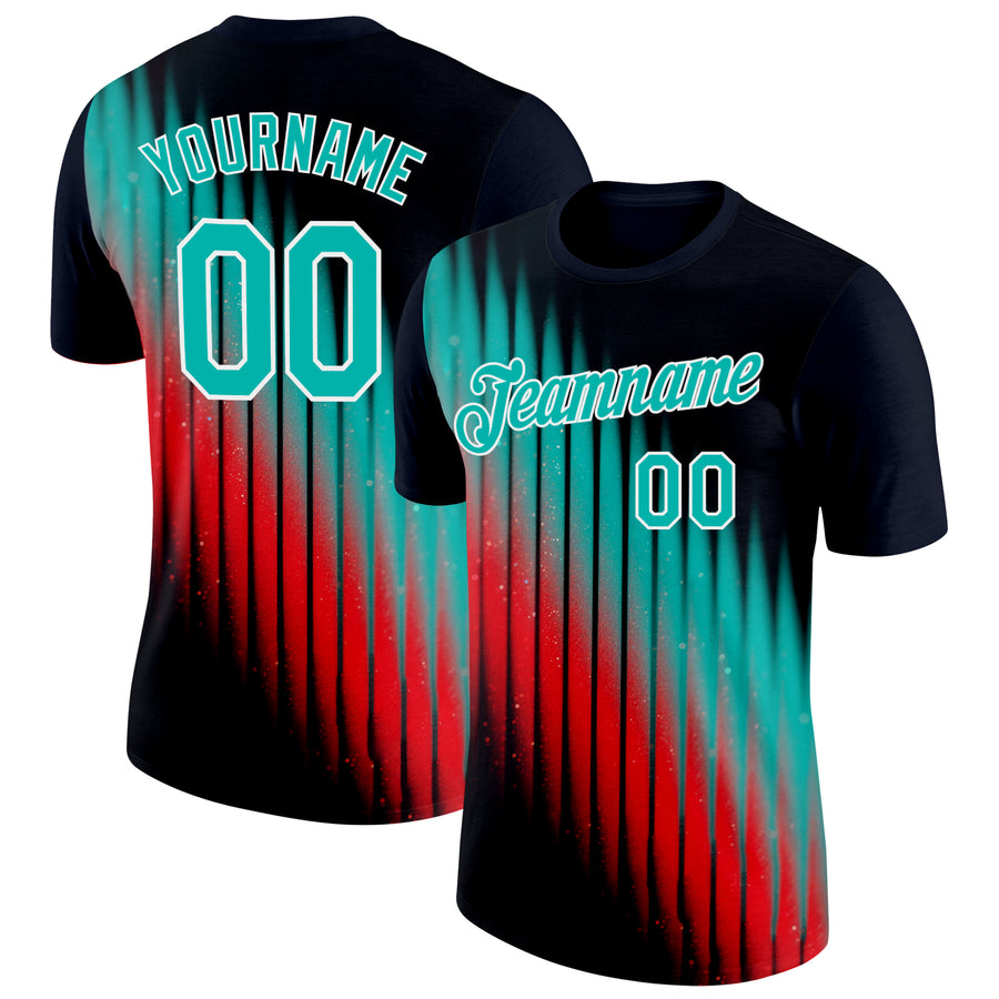 Custom Navy Aqua Red-White 3D Pattern Design Gradient Stripe Sportswear Performance T-Shirt