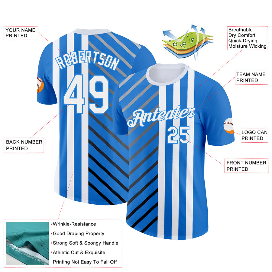 Custom Blue White Powder Blue Gray-Black 3D Pattern Design Argentina Stripe Sportswear Performance T-Shirt