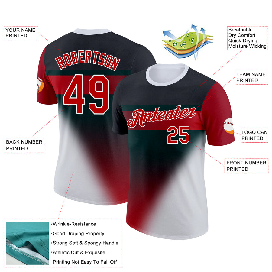 Custom Black Red-White 3D Pattern Design Gradient Sportswear Performance T-Shirt