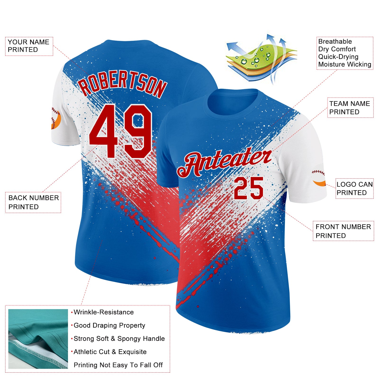 Custom Blue Red-White 3D Pattern Design USA Cuba Sportswear Performance T-Shirt