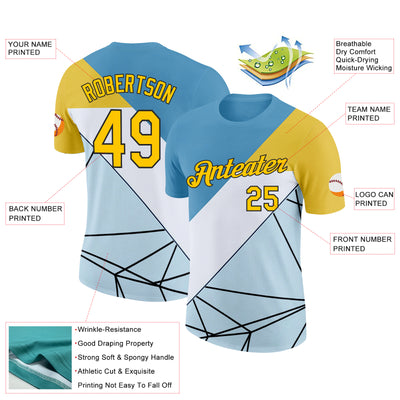Custom Blue Yellow White-Black 3D Pattern Design Geometric Shape Sportswear Performance T-Shirt