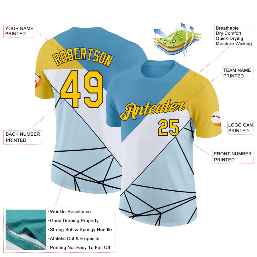 Custom Blue Yellow White-Black 3D Pattern Design Geometric Shape Sportswear Performance T-Shirt