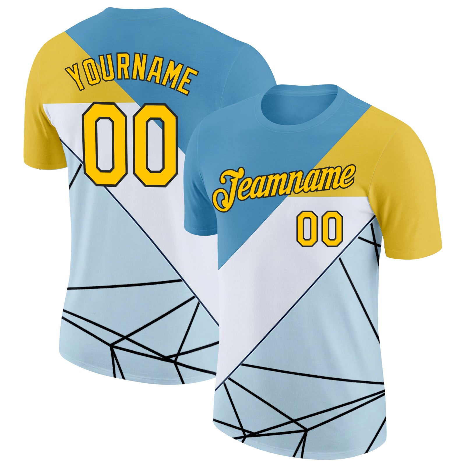Custom Blue Yellow White-Black 3D Pattern Design Geometric Shape Sportswear Performance T-Shirt
