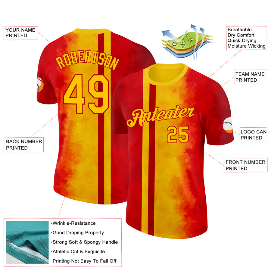 Custom Red Yellow 3D Pattern Design Spain Gradient Sportswear Performance T-Shirt