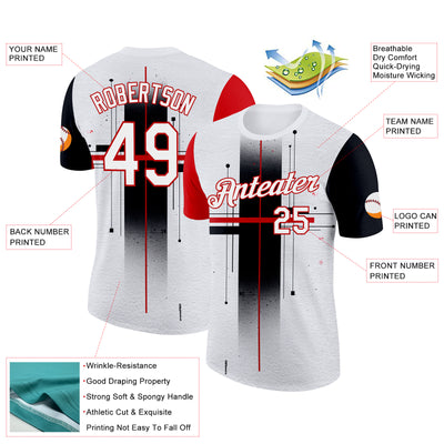 Custom White Black-Red 3D Pattern Design Gradient Cross Sportswear Performance T-Shirt
