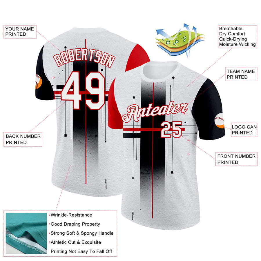 Custom White Black-Red 3D Pattern Design Gradient Cross Sportswear Performance T-Shirt