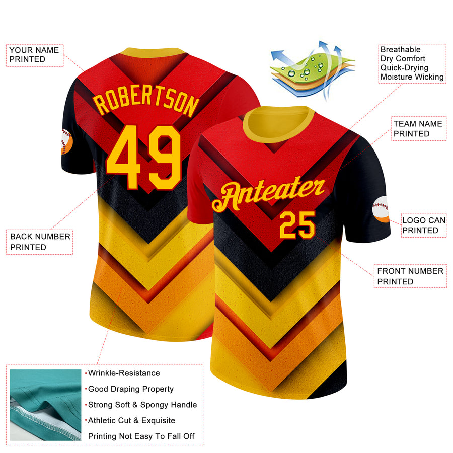 Custom Red Yellow-Black 3D Pattern Design Arrow Shape Sportswear Performance T-Shirt