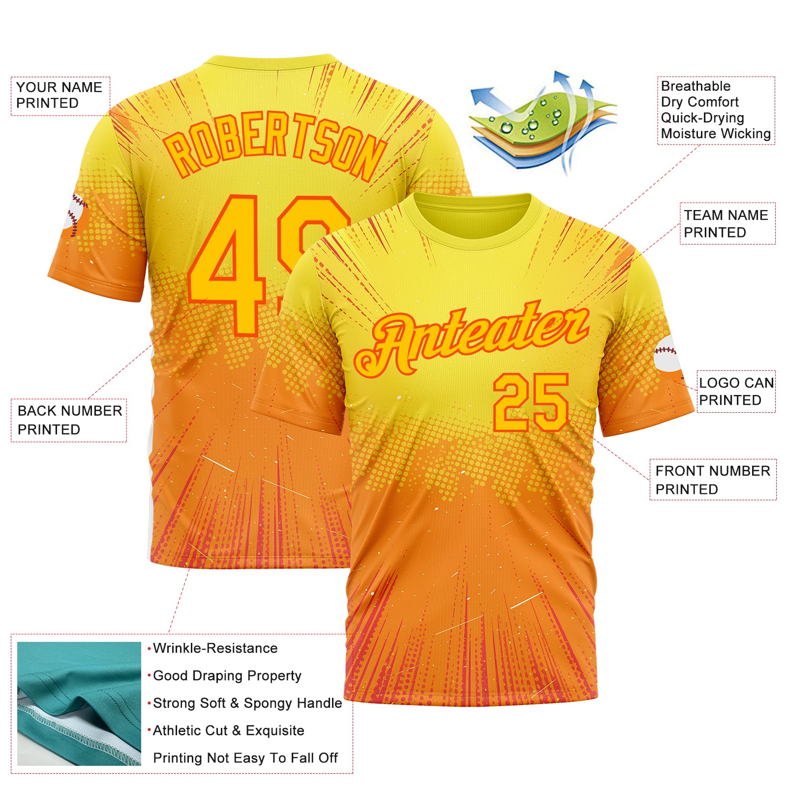 Custom Yellow Orange 3D Pattern Design Anime Inspired Gradient Sportswear Performance T-Shirt