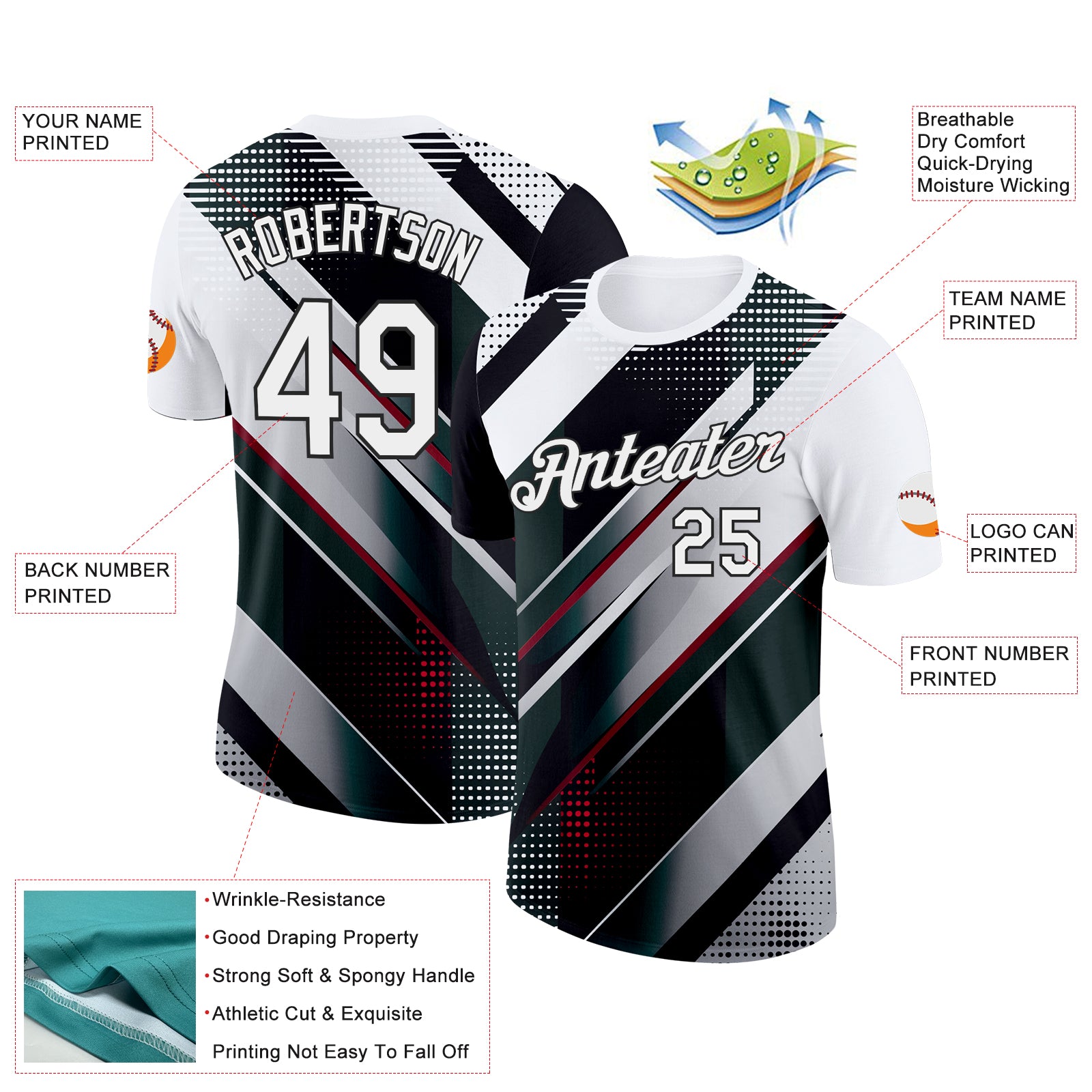 Custom White Black-Red 3D Pattern Design Gradient Sportswear Performance T-Shirt