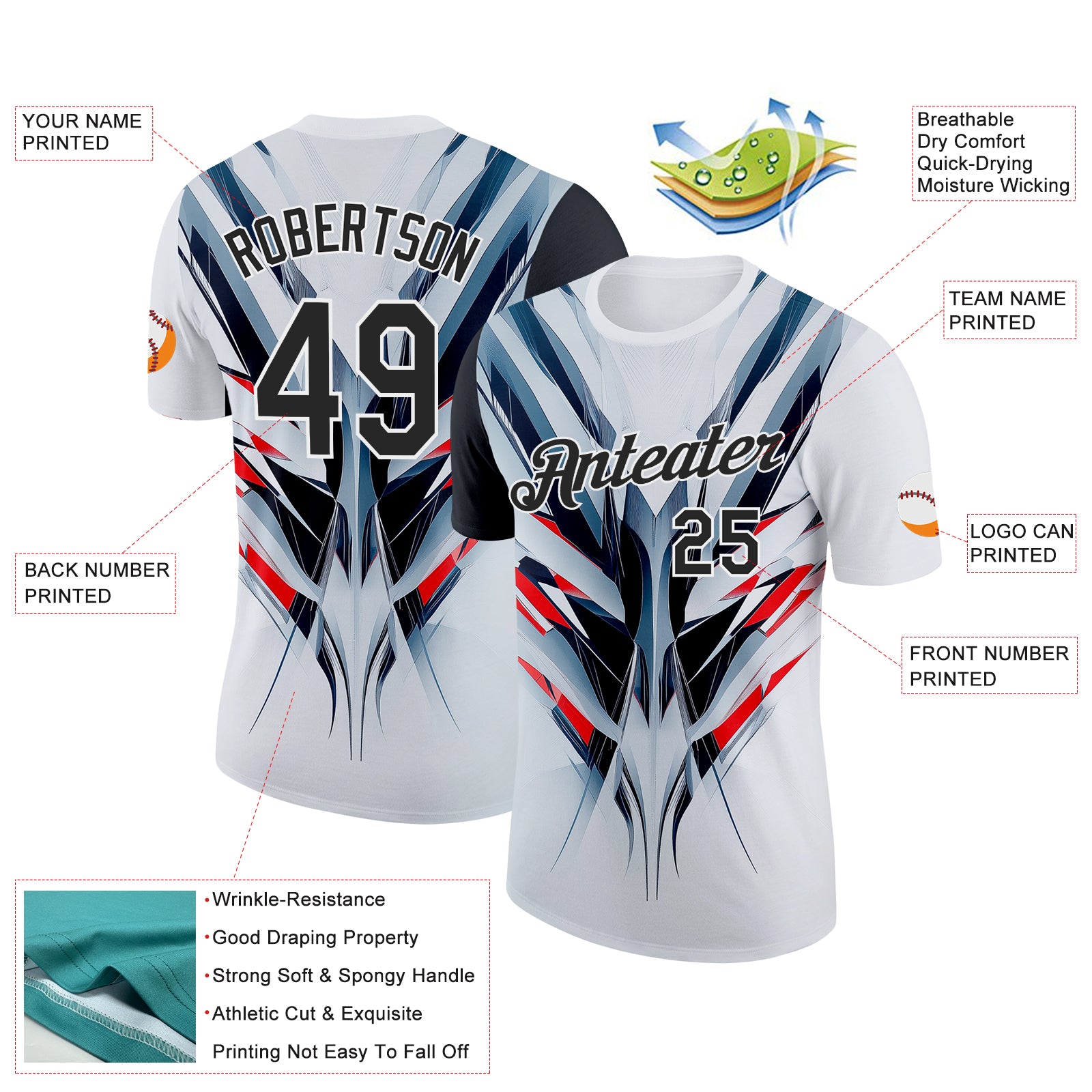 Custom White Black-Red 3D Pattern Design Abstract Shape Sportswear Performance T-Shirt