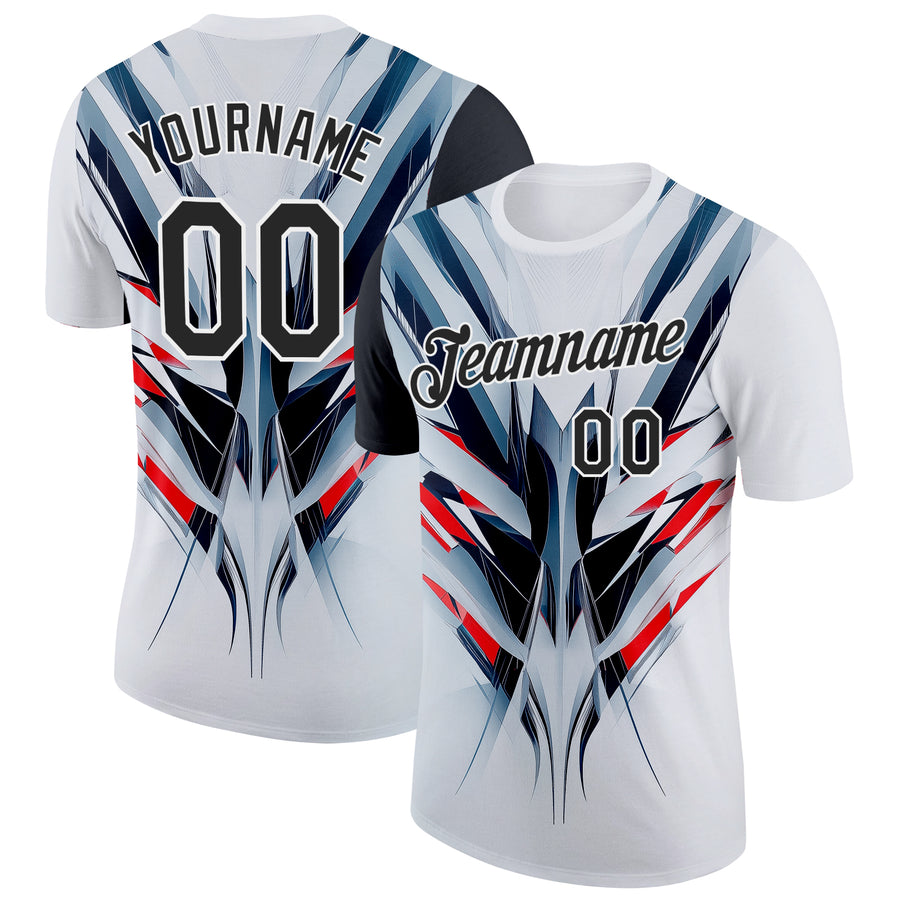 Custom White Black-Red 3D Pattern Design Abstract Shape Sportswear Performance T-Shirt