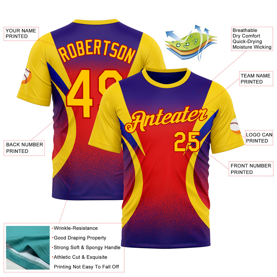 Custom Yellow Purple-Red 3D Pattern Design Gradient Sportswear Performance T-Shirt