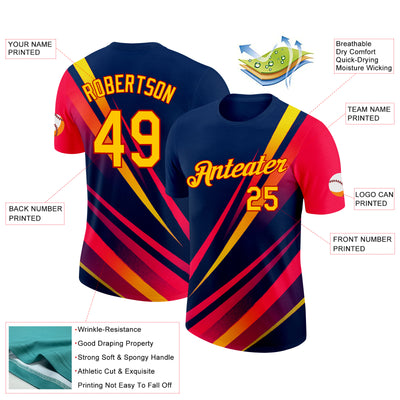 Custom Blue Yellow-Red 3D Pattern Design Gradient Line Sportswear Performance T-Shirt