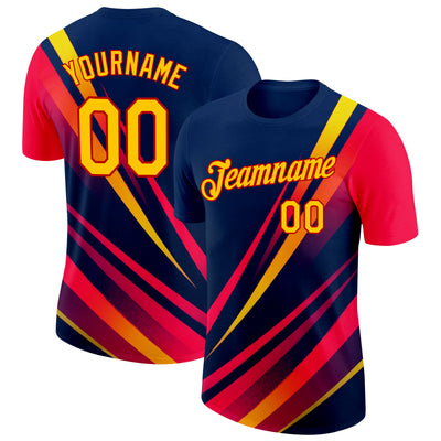 Custom Blue Yellow-Red 3D Pattern Design Gradient Line Sportswear Performance T-Shirt