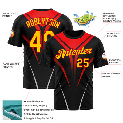 Custom Black Yellow-Red 3D Pattern Design Gradient Line Sportswear Performance T-Shirt