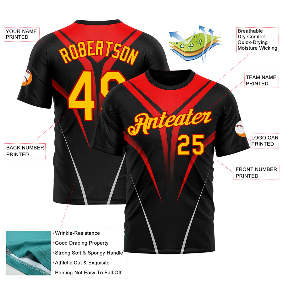 Custom Black Yellow-Red 3D Pattern Design Gradient Line Sportswear Performance T-Shirt