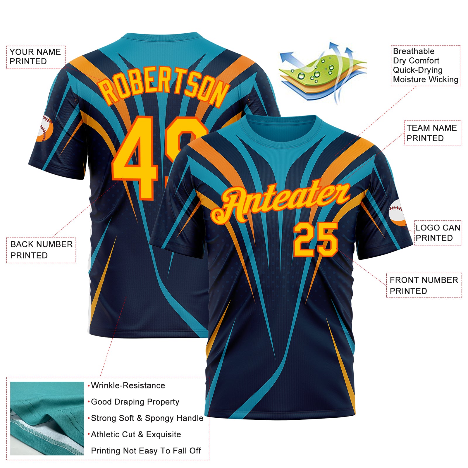 Custom Blue Yellow-Orange 3D Pattern Design Line Sportswear Performance T-Shirt