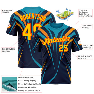 Custom Blue Yellow-Orange 3D Pattern Design Line Sportswear Performance T-Shirt