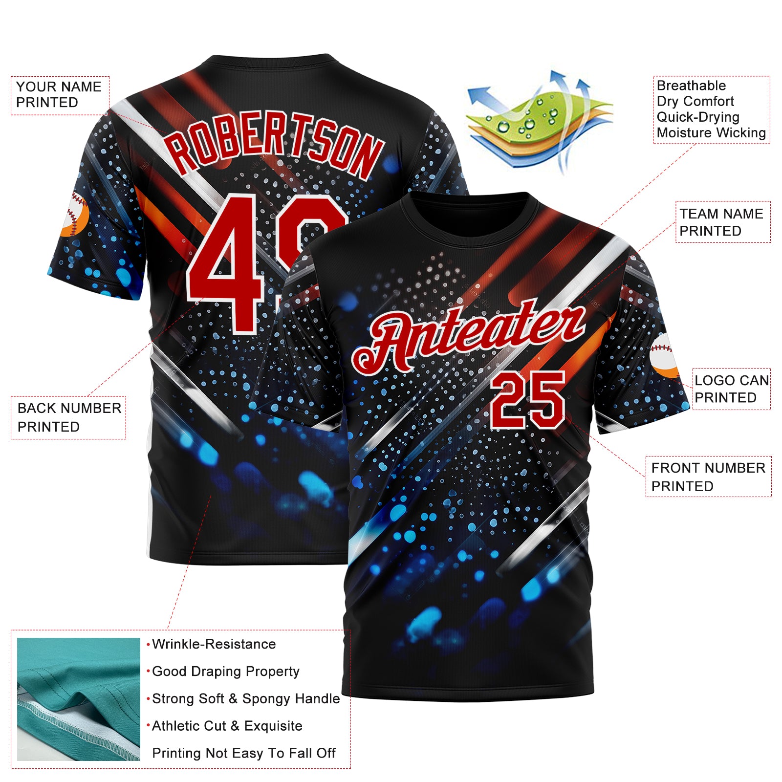 Custom Blue Red-White 3D Pattern Design Water Droplet Sportswear Performance T-Shirt