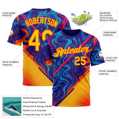 Custom Dark Purple Yellow-Orange 3D Pattern Design Romania Colombia Sportswear Performance T-Shirt