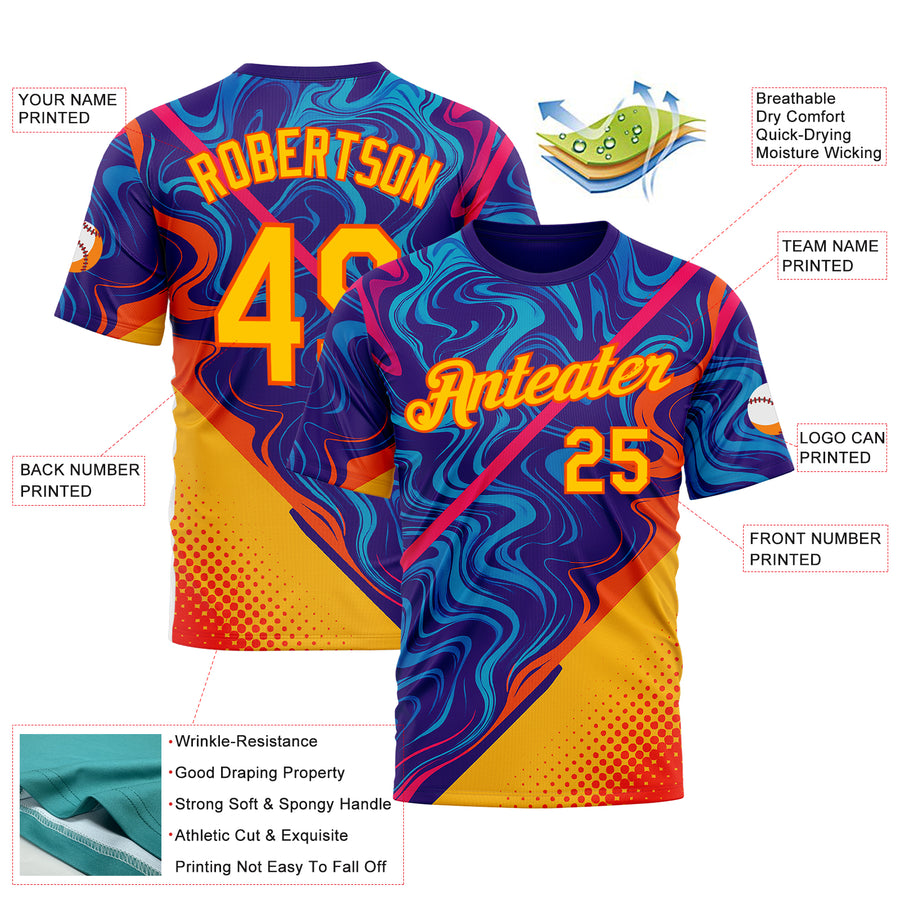 Custom Dark Purple Yellow-Orange 3D Pattern Design Romania Colombia Sportswear Performance T-Shirt