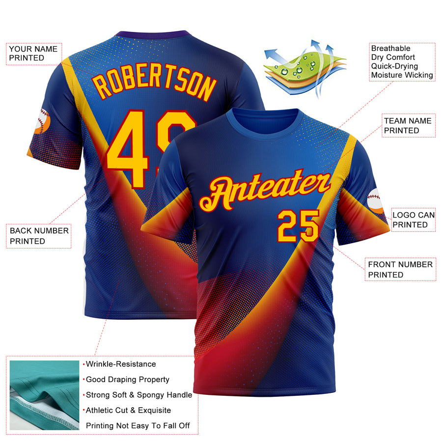 Custom Blue Yellow-Red 3D Pattern Design Romania Colombia Sportswear Performance T-Shirt