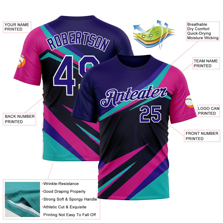 Custom Blue Dark Purple Black Pink-White 3D Pattern Design Line Sportswear Performance T-Shirt