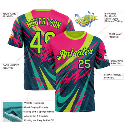Custom Pink Neon Green-Navy 3D Pattern Design Splash Sportswear Performance T-Shirt