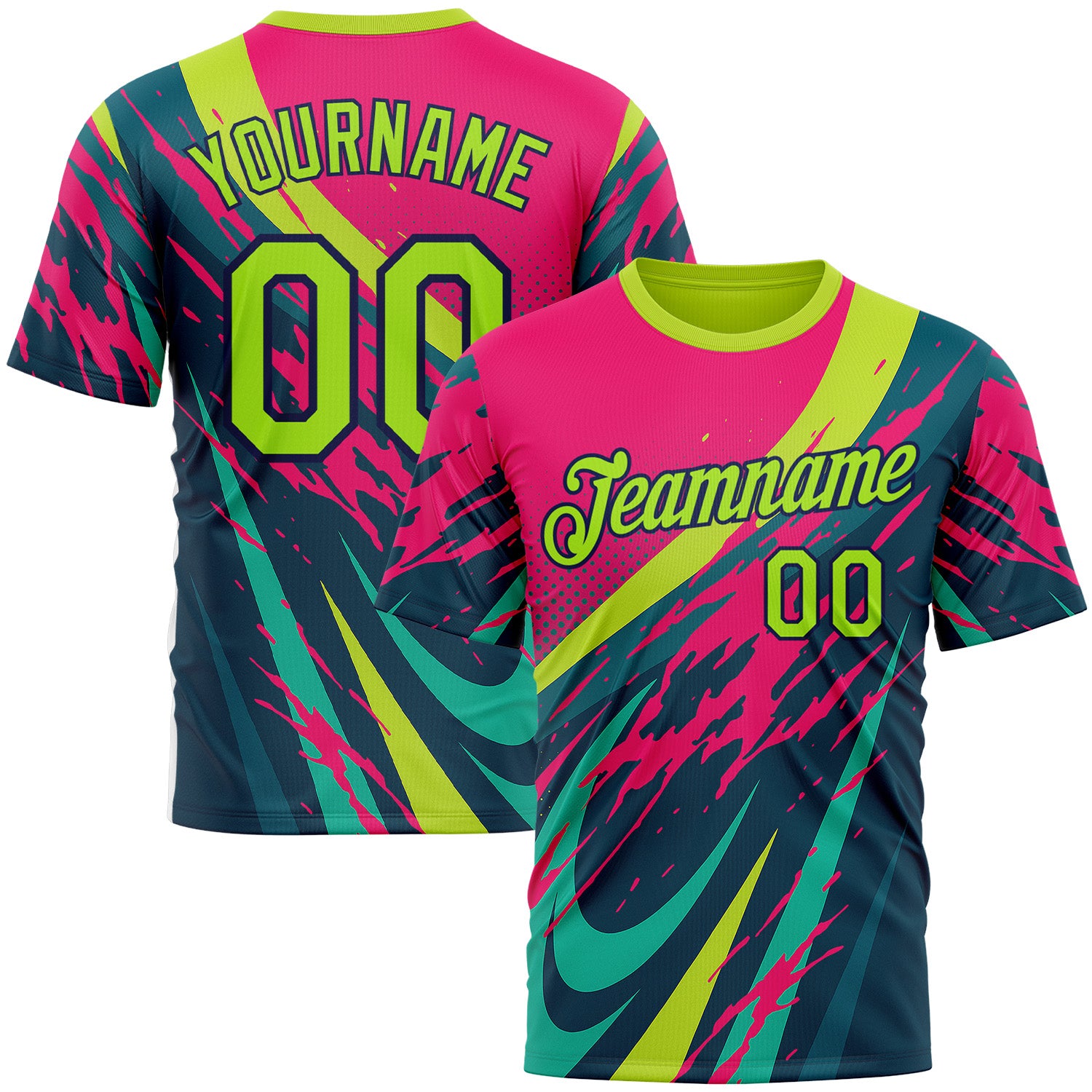 Custom Pink Neon Green-Navy 3D Pattern Design Splash Sportswear Performance T-Shirt