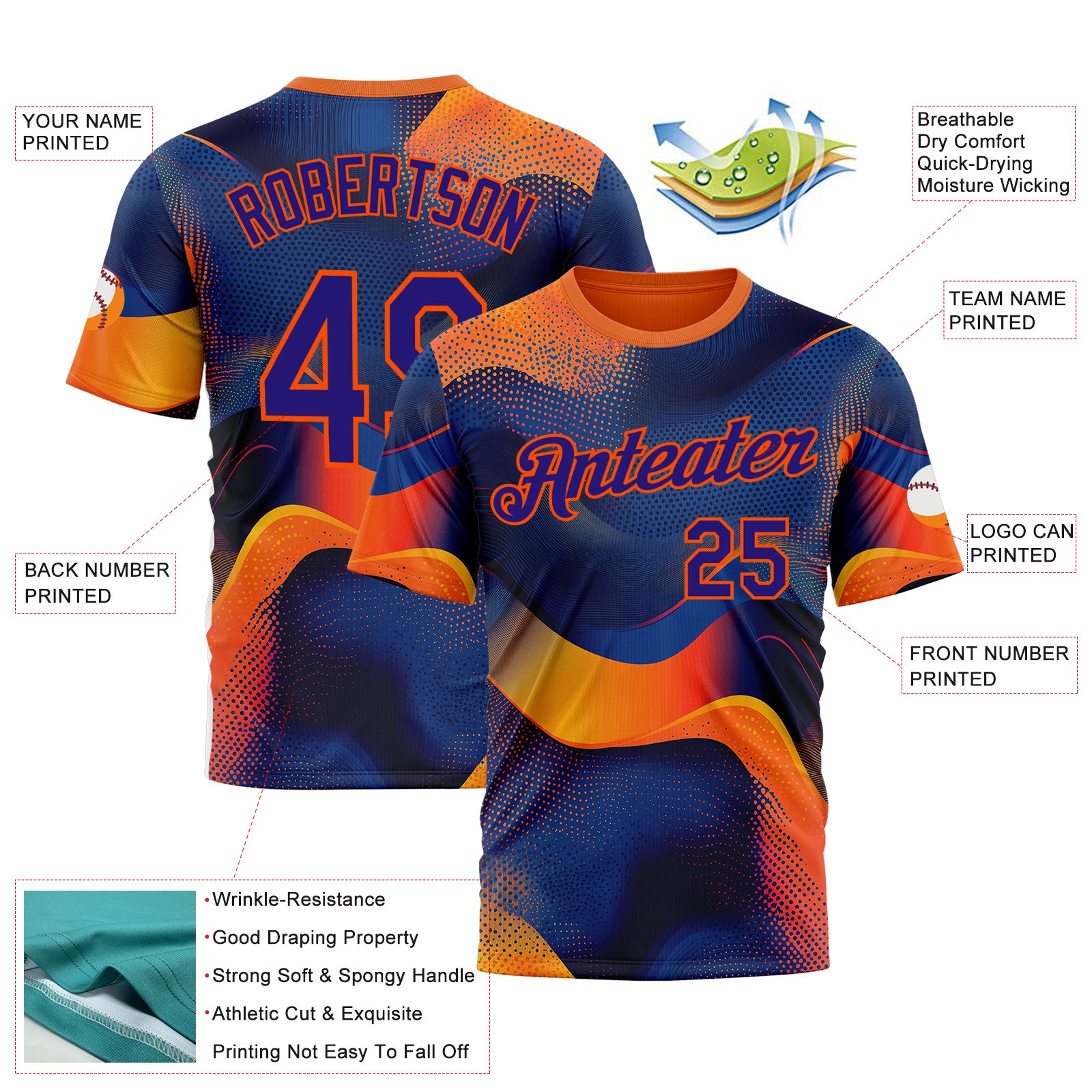 Custom Orange Dark Purple-Blue 3D Pattern Design Gradient Sportswear Performance T-Shirt
