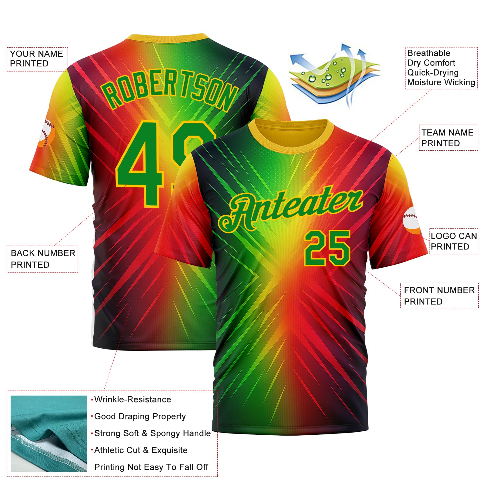 Custom Red Grass Green-Yellow 3D Pattern Design Gradient Sportswear Performance T-Shirt
