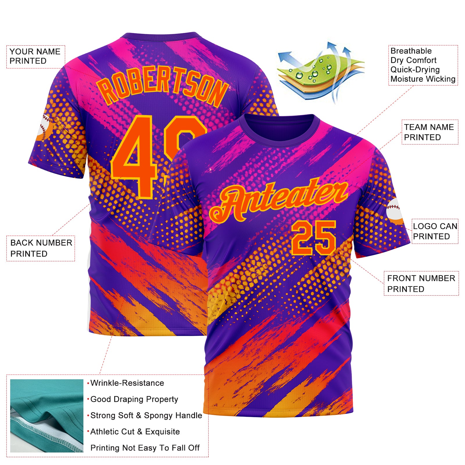 Custom Purple Orange-Yellow 3D Pattern Design Splash Sportswear Performance T-Shirt