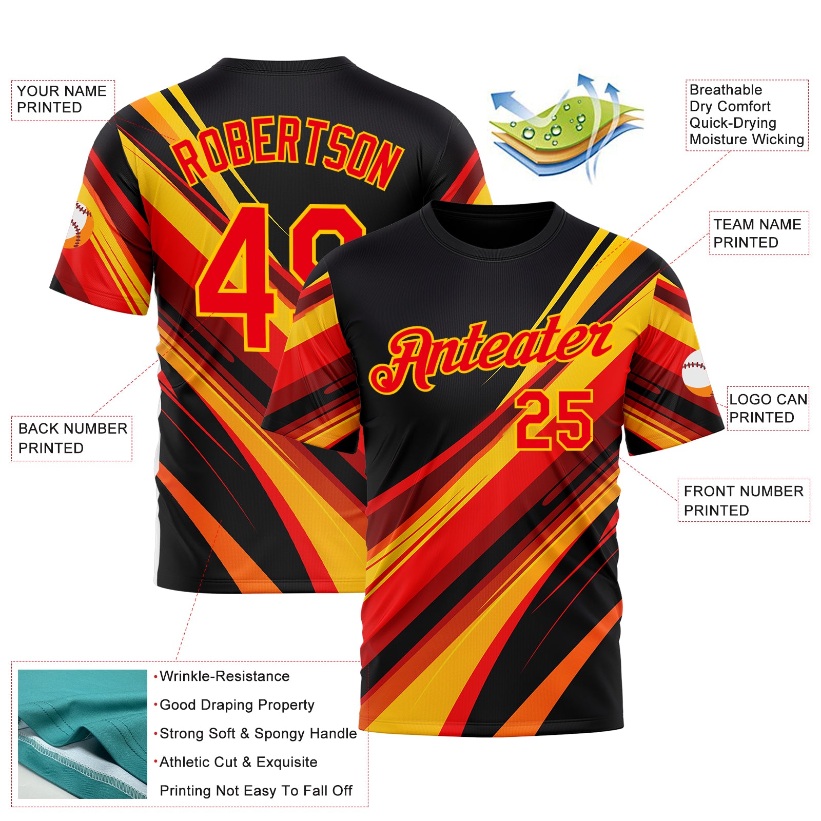 Custom Black Fire Red-Yellow 3D Pattern Design Line Sportswear Performance T-Shirt