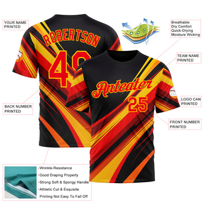Custom Black Fire Red-Yellow 3D Pattern Design Line Sportswear Performance T-Shirt