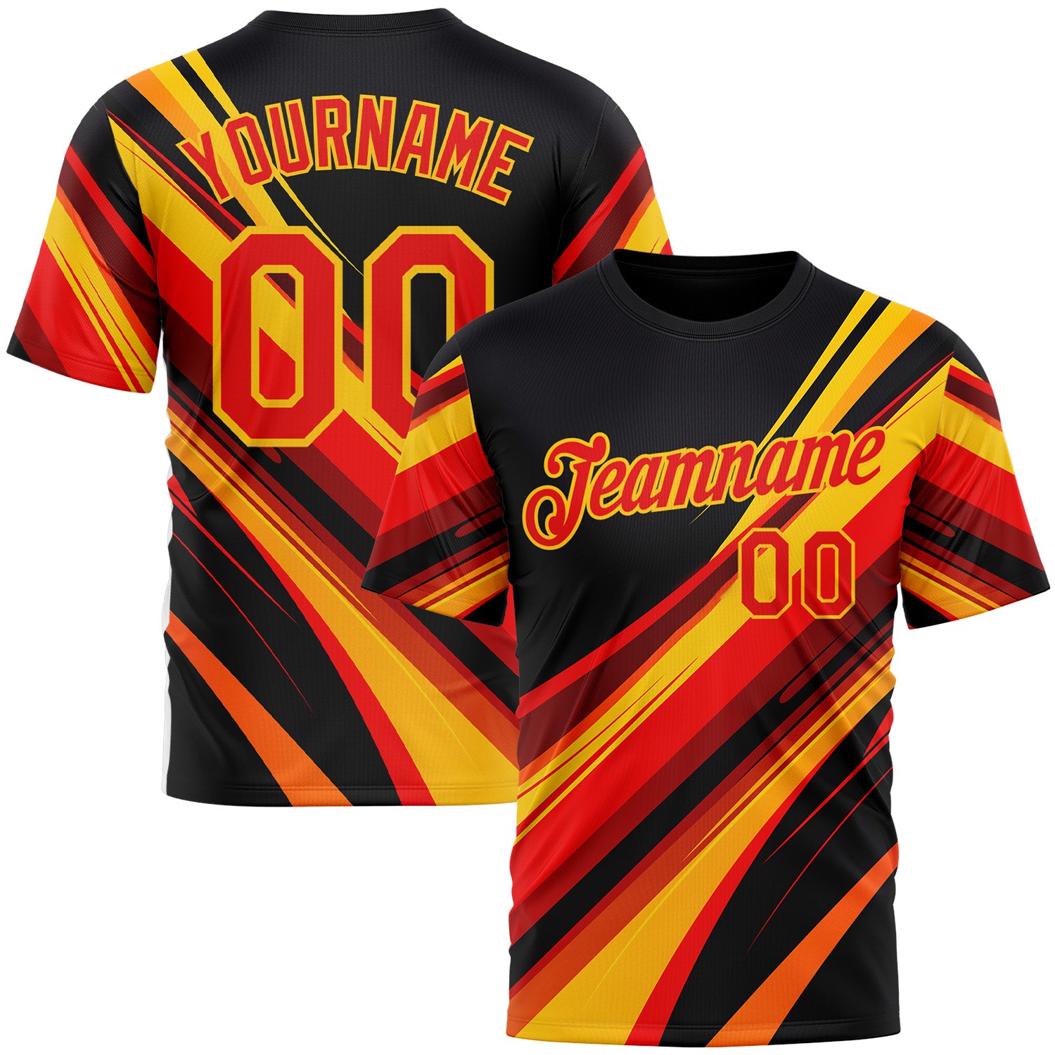 Custom Black Fire Red-Yellow 3D Pattern Design Line Sportswear Performance T-Shirt