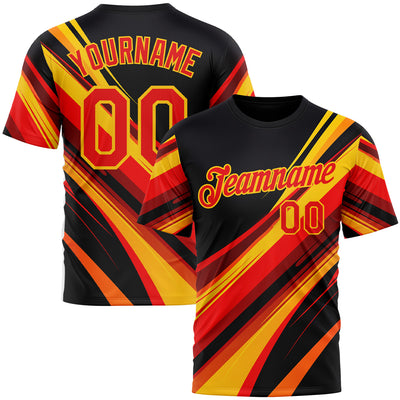 Custom Black Fire Red-Yellow 3D Pattern Design Line Sportswear Performance T-Shirt