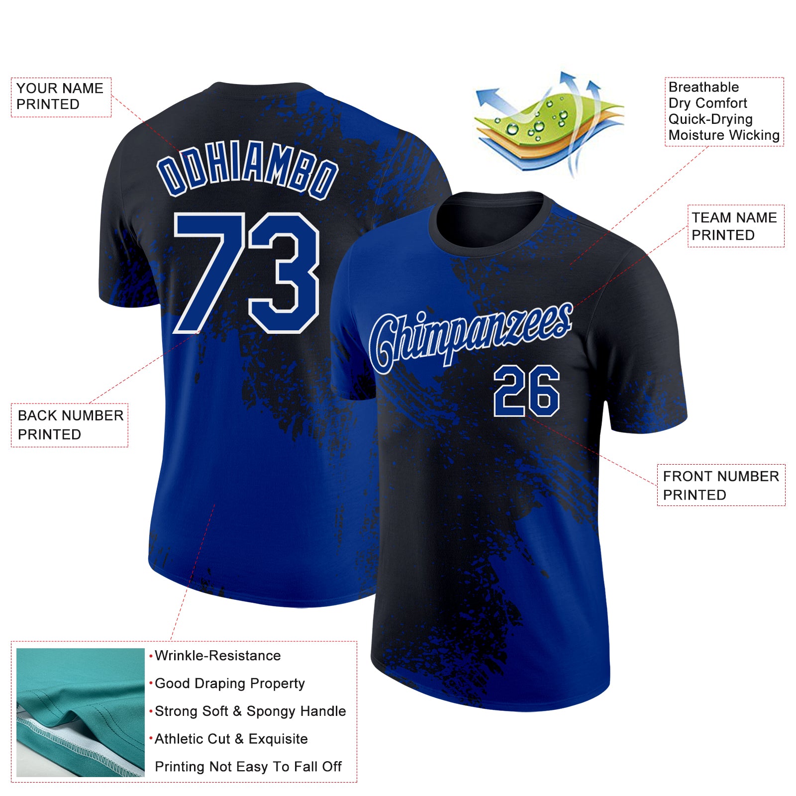 Custom Black Royal-White 3D Pattern Design Abstract Brush Stroke Performance T-Shirt