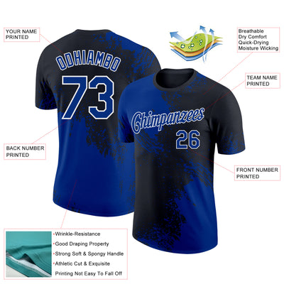 Custom Black Royal-White 3D Pattern Design Abstract Brush Stroke Performance T-Shirt