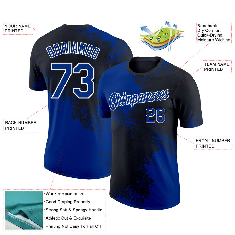 Custom Black Royal-White 3D Pattern Design Abstract Brush Stroke Performance T-Shirt