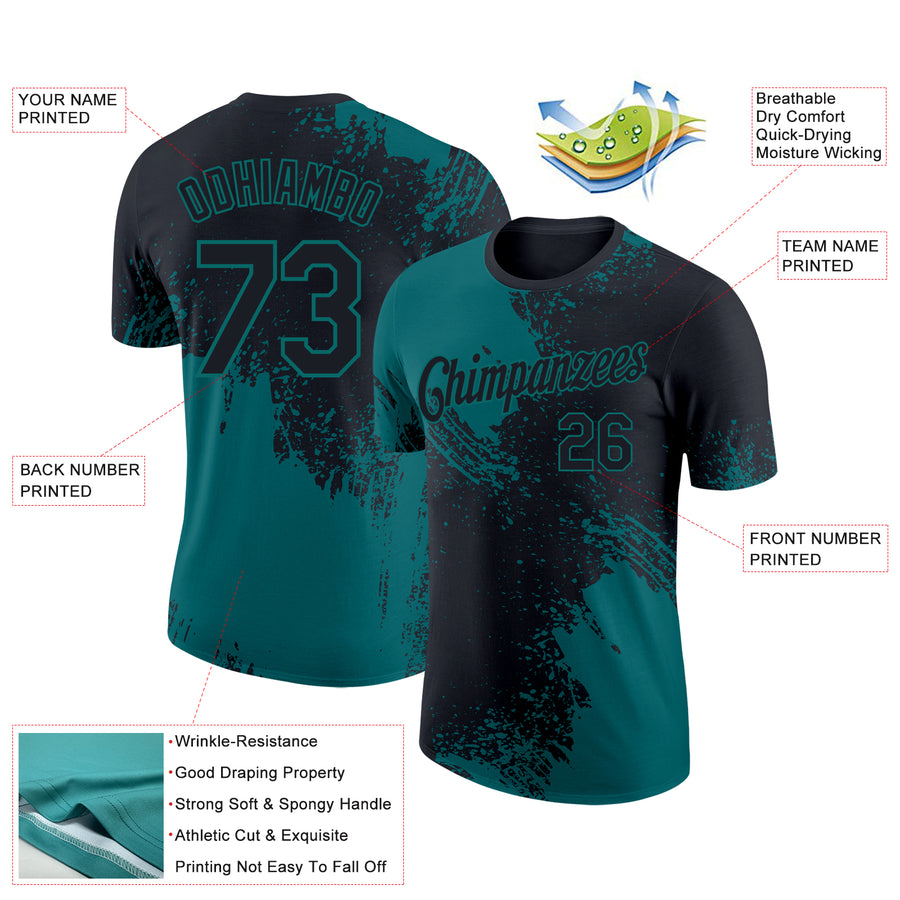 Custom Black Teal 3D Pattern Design Abstract Brush Stroke Performance T-Shirt
