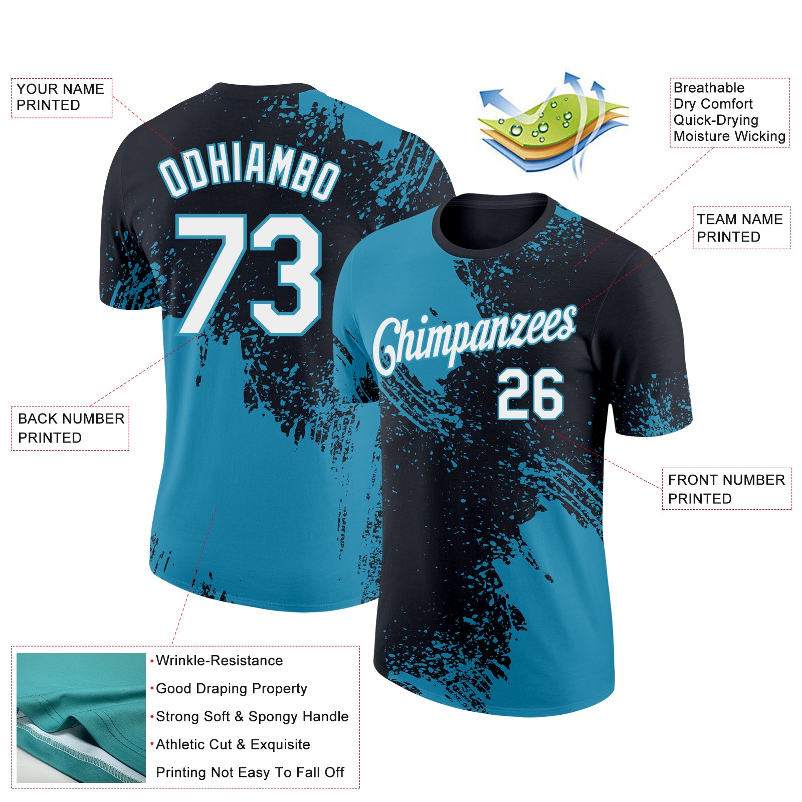 Custom Black White-Panther Blue 3D Pattern Design Abstract Brush Stroke Performance T-Shirt