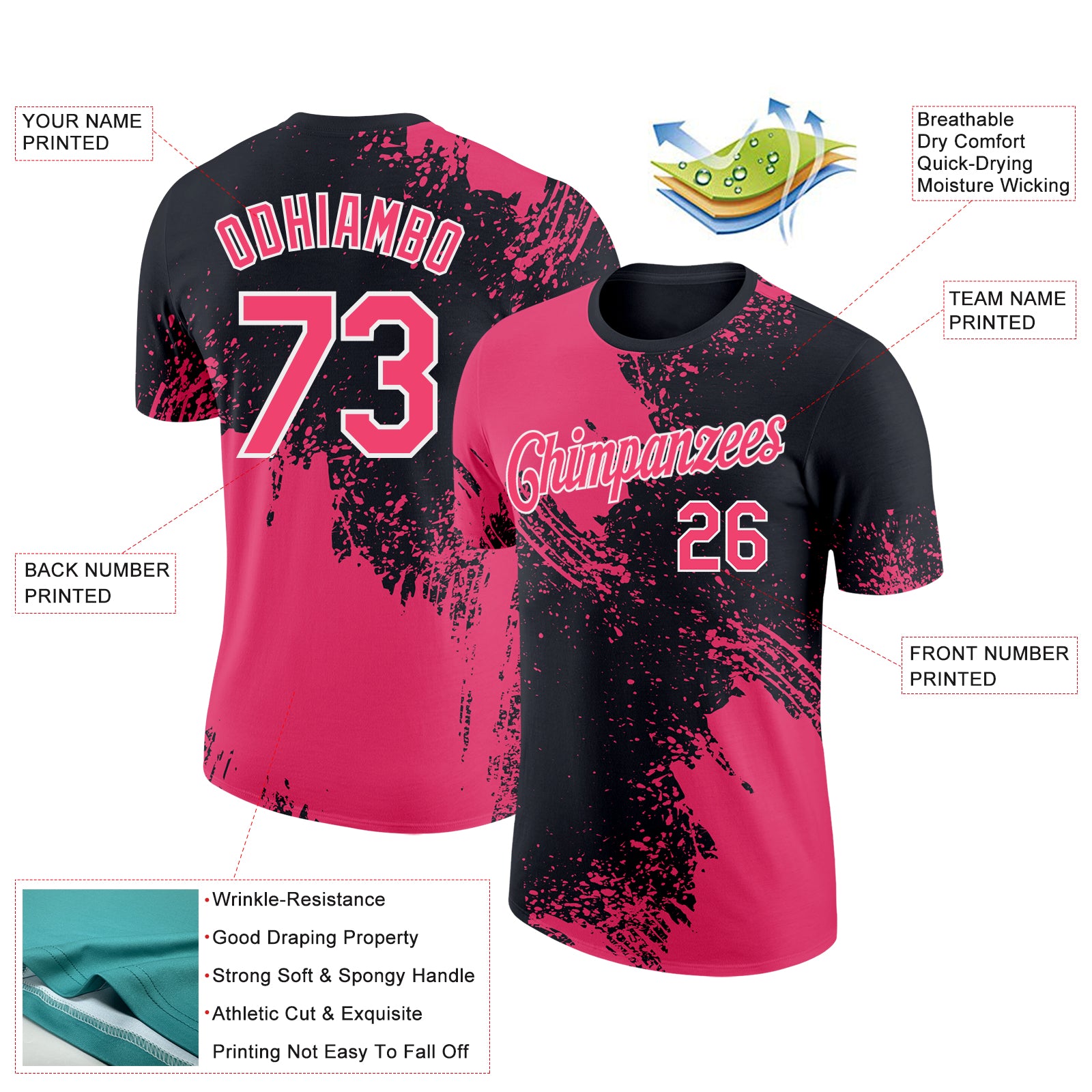 Custom Black Neon Pink-White 3D Pattern Design Abstract Brush Stroke Performance T-Shirt