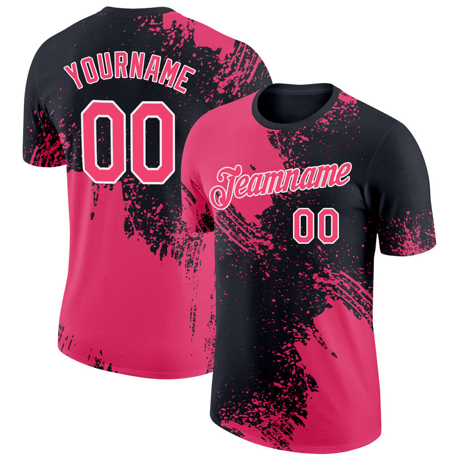Custom Black Neon Pink-White 3D Pattern Design Abstract Brush Stroke Performance T-Shirt