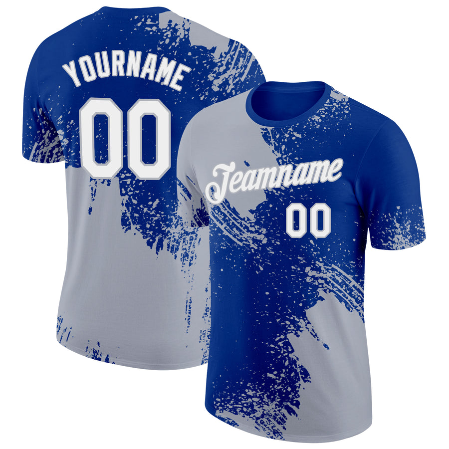 Custom Royal White-Gray 3D Pattern Design Abstract Brush Stroke Performance T-Shirt