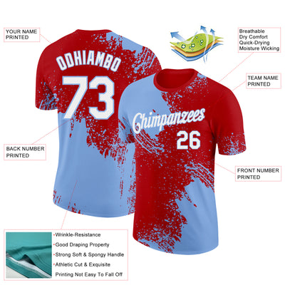 Custom Red White-Light Blue 3D Pattern Design Abstract Brush Stroke Performance T-Shirt