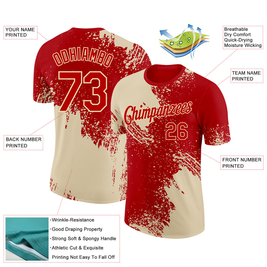 Custom Red Cream 3D Pattern Design Abstract Brush Stroke Performance T-Shirt